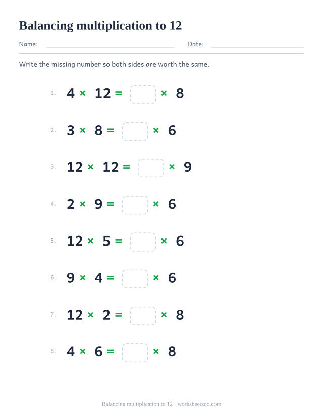 Balancing multiplication worksheet with the full times tables up to 12