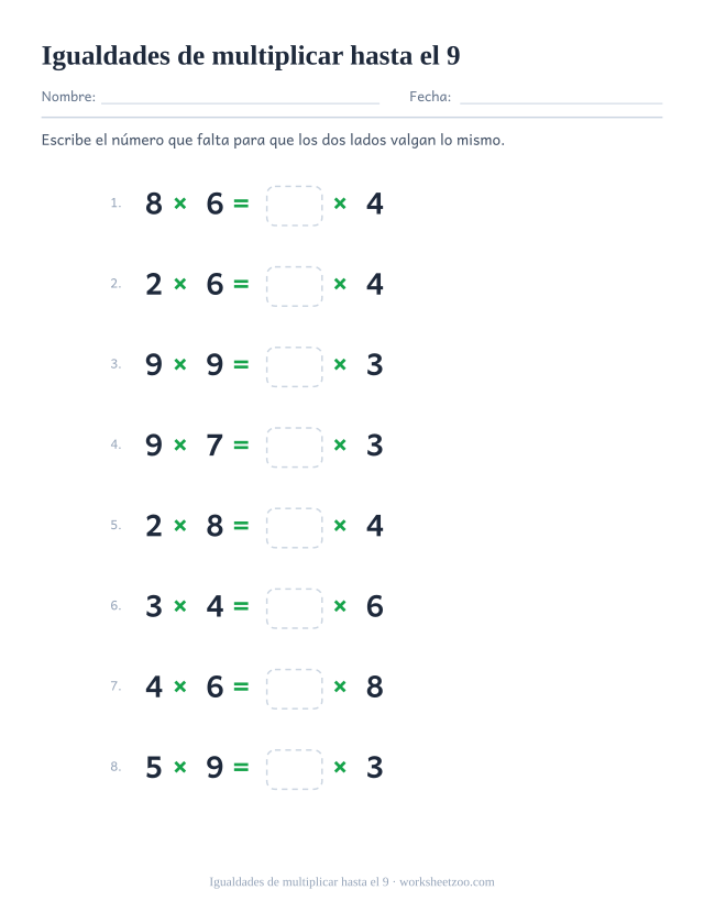 Ficha de igualdades de multiplicar con factores hasta el 9 a los dos lados