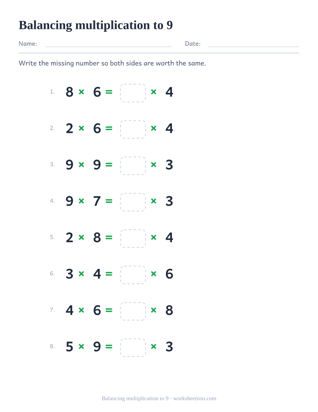 Balancing multiplication equations worksheet with factors up to 9 on both sides