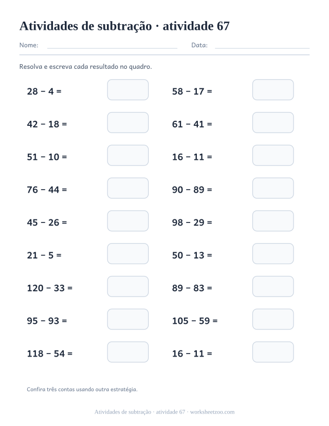 Prévia de Atividades de subtração, atividade 67 para imprimir