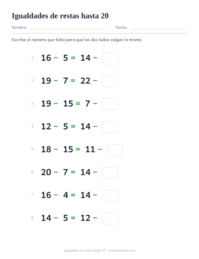 Ficha de igualdades de restas hasta 20 con un número que falta a la derecha