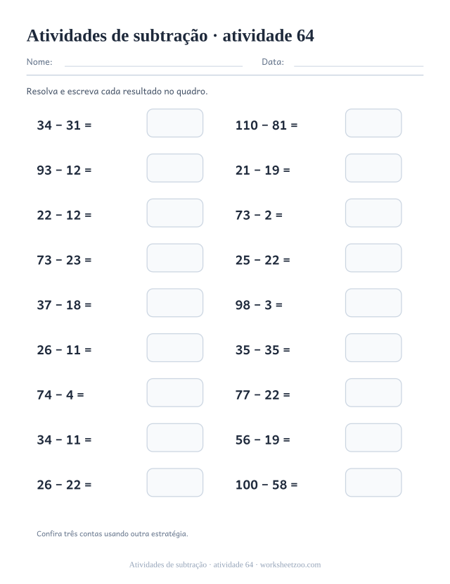 Prévia de Atividades de subtração, atividade 64 para imprimir