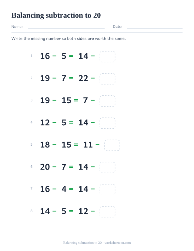 Balancing subtraction equations worksheet within 20 with a missing number on the right