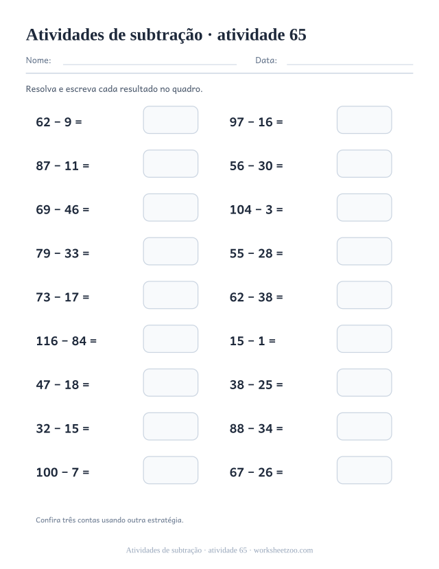 Prévia de Atividades de subtração, atividade 65 para imprimir