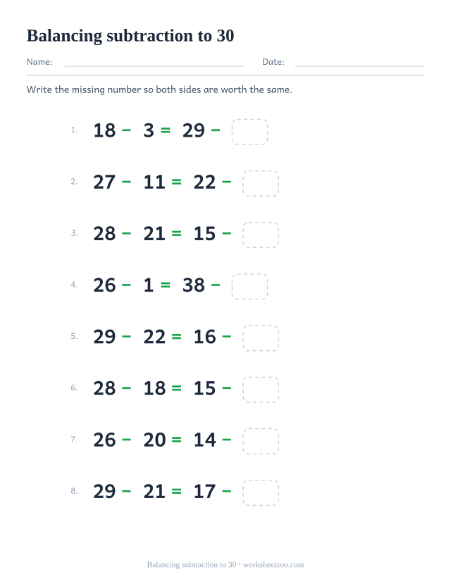 Balancing subtraction worksheet with numbers to 30 and equal values on both sides