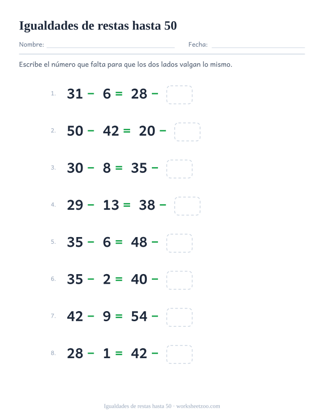 Ficha de igualdades de restas con números de dos cifras hasta 50