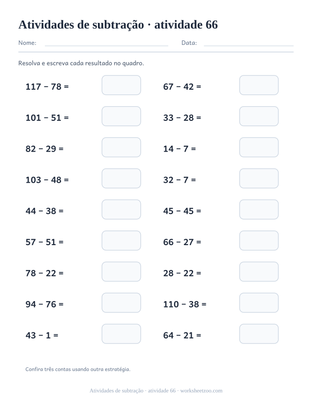 Prévia de Atividades de subtração, atividade 66 para imprimir