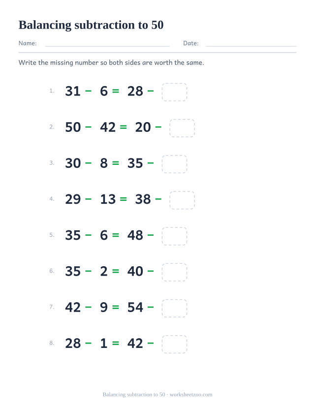 Balancing subtraction equations worksheet with two-digit numbers up to 50