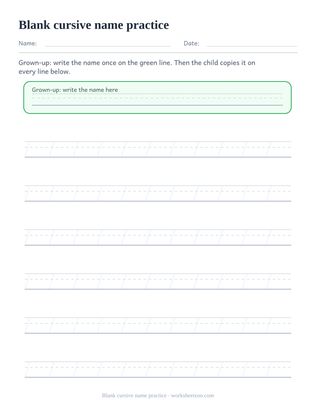 Blank cursive name tracing worksheet with six rows of slanted cursive handwriting guides