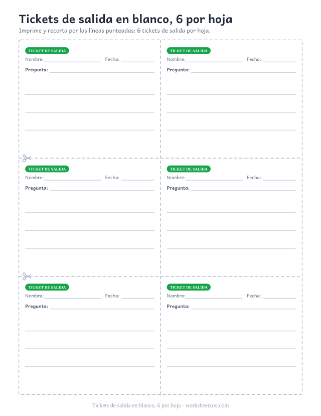 Tickets de salida en blanco, 6 por hoja: ticket de salida para imprimir y recortar en PDF, 6 tickets por hoja