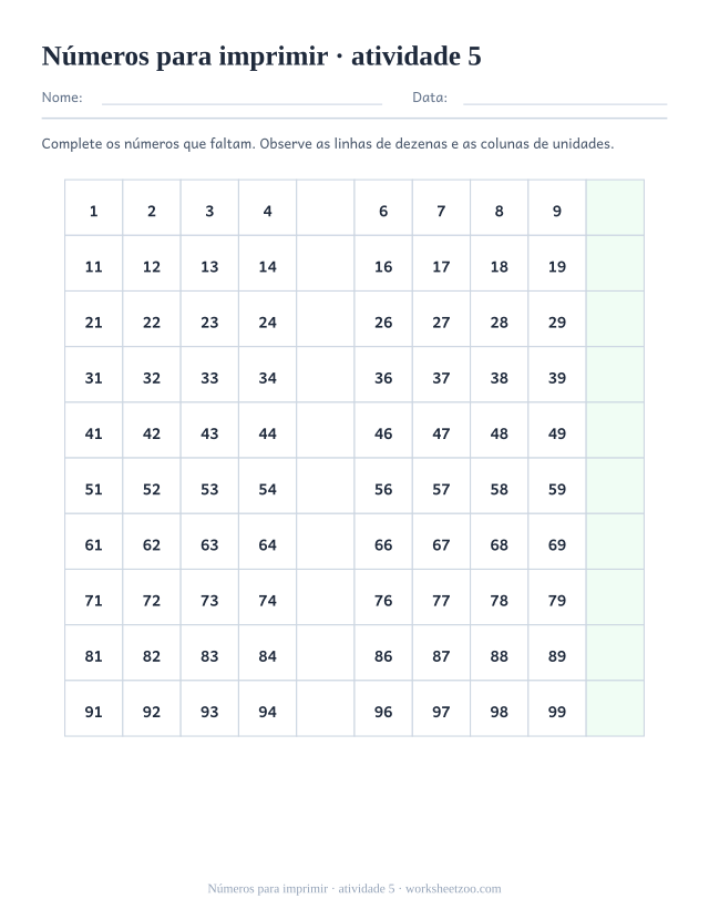 Prévia de Números para imprimir, atividade 5 para imprimir