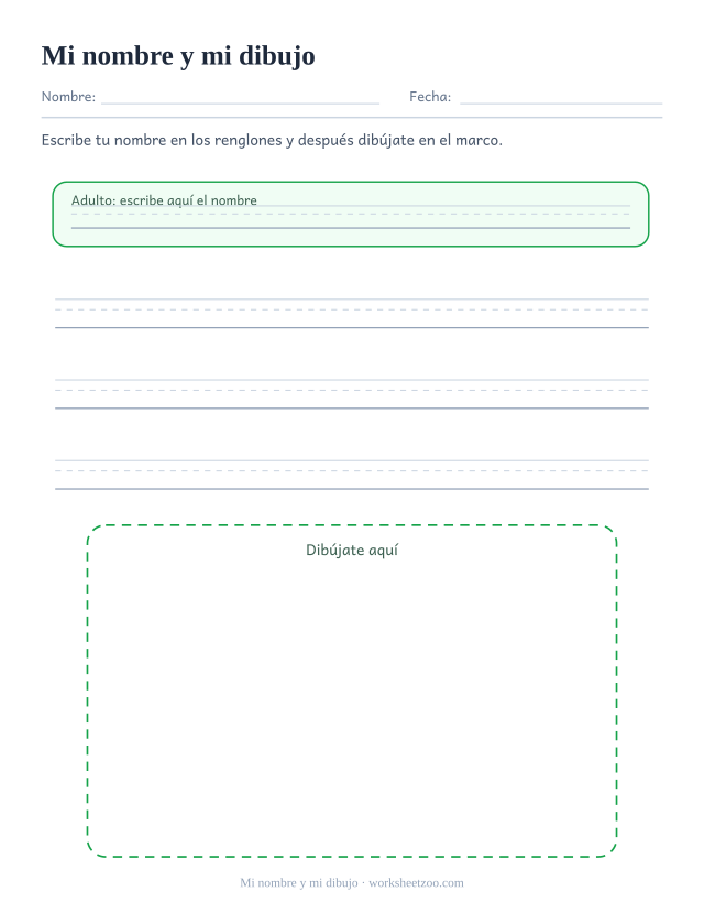 Ficha del nombre propio con tres renglones para escribir y un marco para el autorretrato