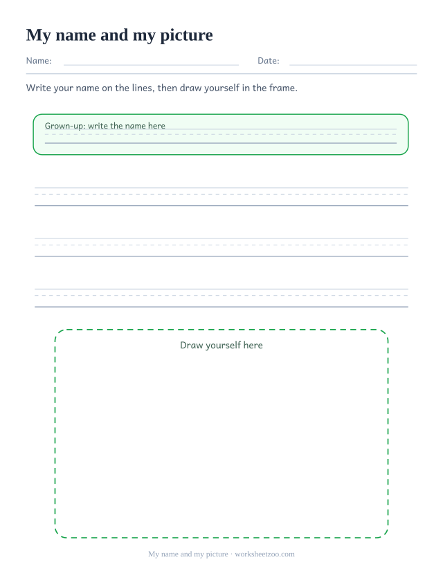 Name tracing and drawing worksheet with three writing rows and a frame for a self-portrait