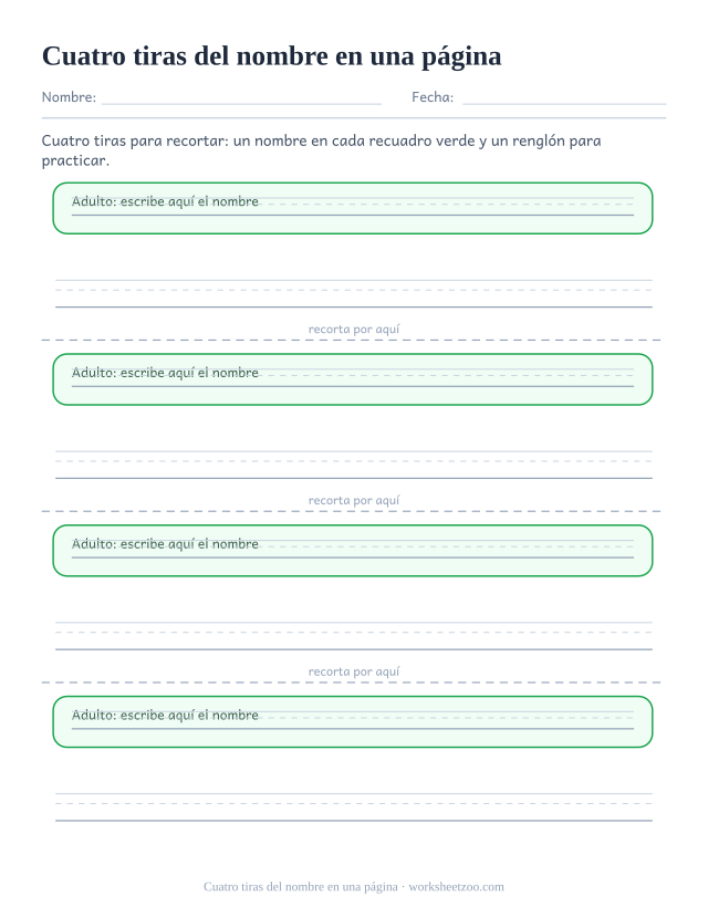 Ficha de tiras para trazar el nombre, con cuatro tiras recortables de práctica