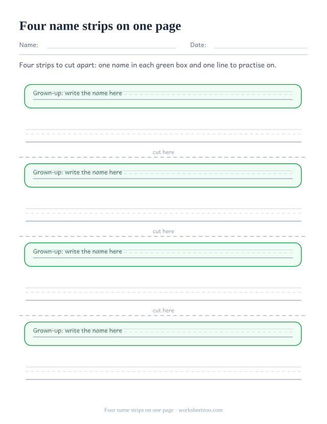 Name tracing strips worksheet with four cut-apart name practice strips