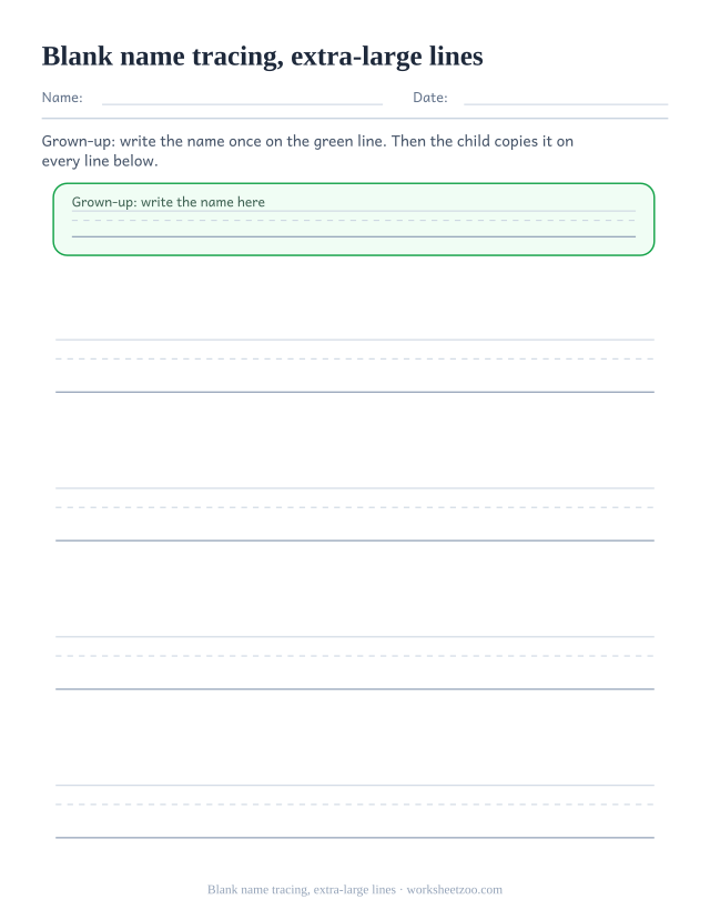 Blank name tracing worksheet with four extra-large handwriting lines for preschool