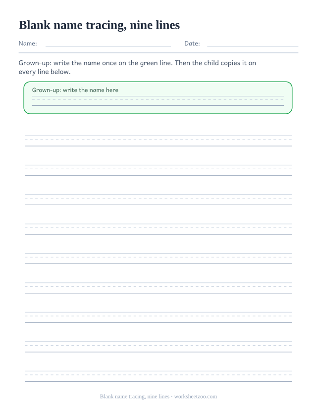 Blank name writing practice sheet with nine narrow handwriting rows