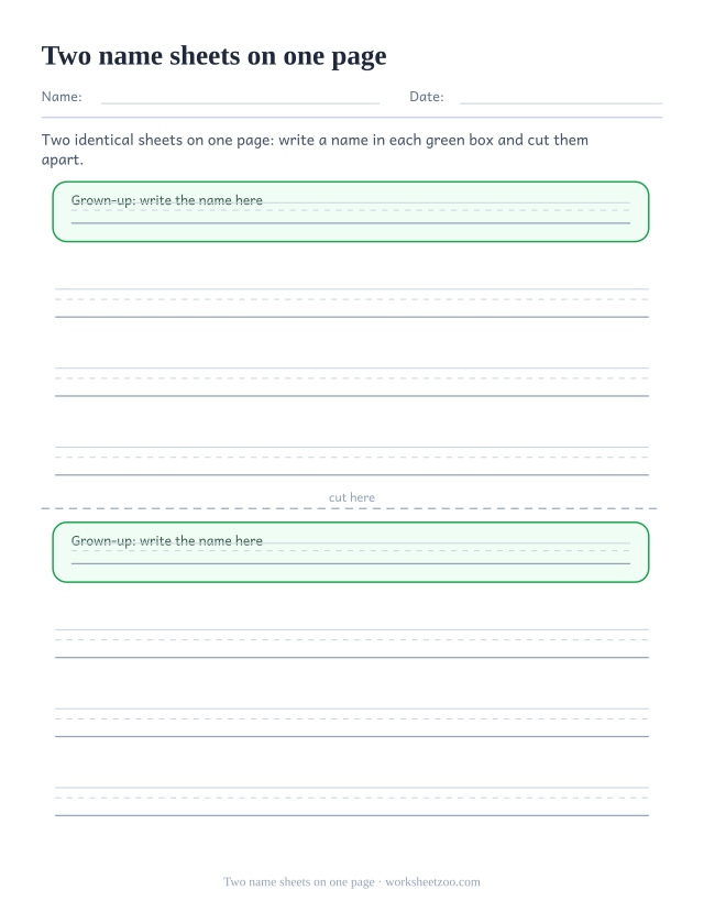 Blank name tracing worksheet printed twice on one page with a cut line between