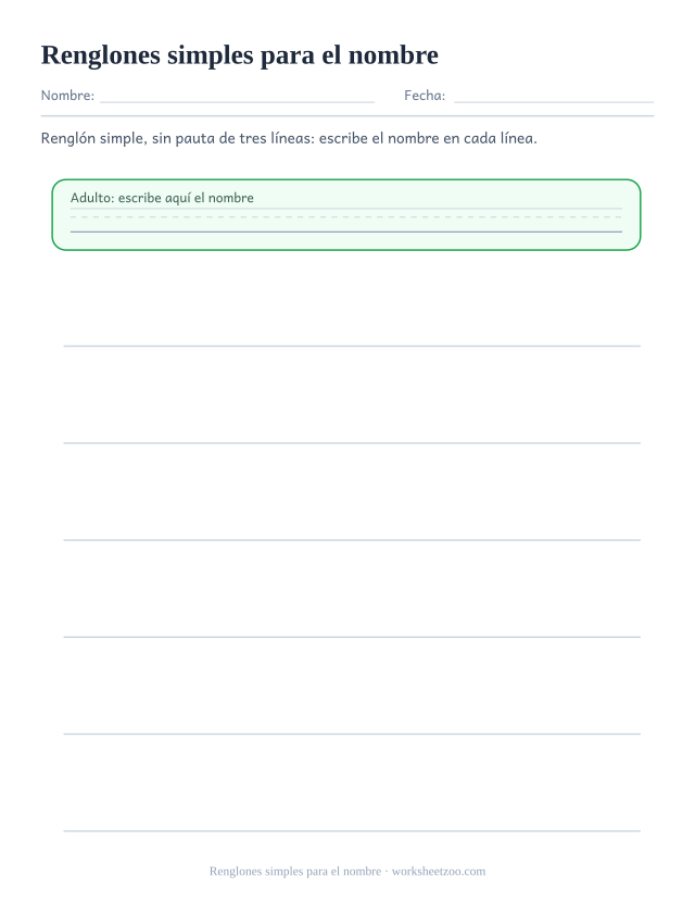 Ficha en blanco para escribir el nombre con seis renglones simples