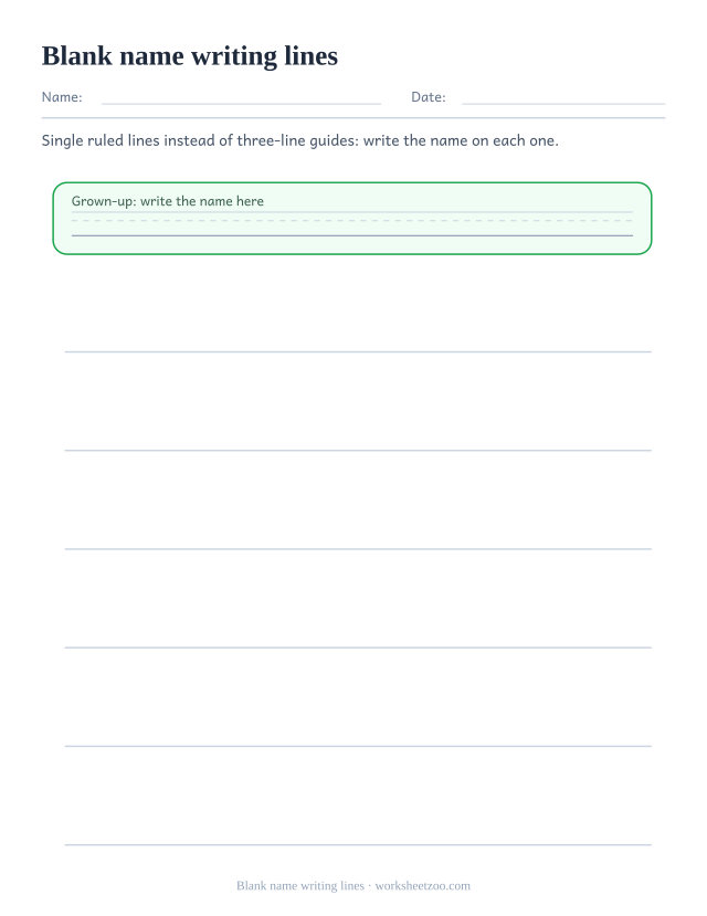 Blank name writing practice worksheet with six single ruled lines