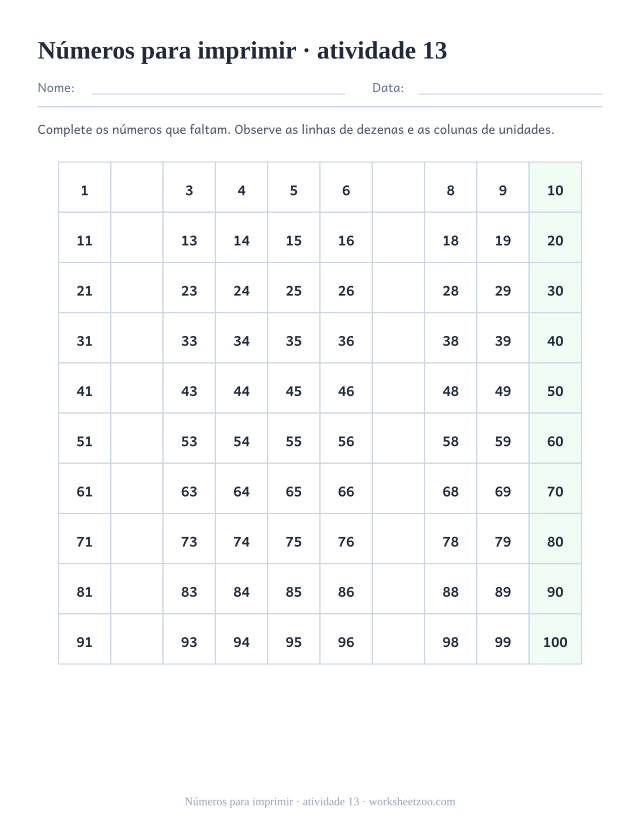 Prévia de Números para imprimir, atividade 13 para imprimir