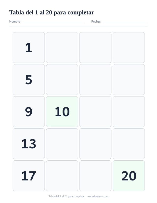 Tabla del 1 al 20 en blanco con solo los números guía impresos, para completar el resto