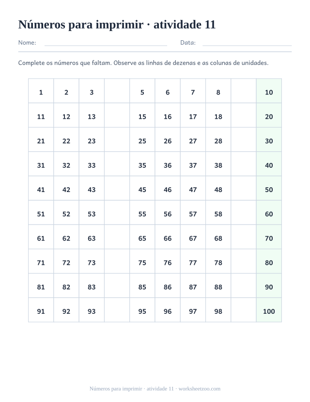 Prévia de Números para imprimir, atividade 11 para imprimir