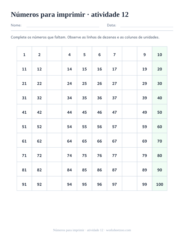 Prévia de Números para imprimir, atividade 12 para imprimir