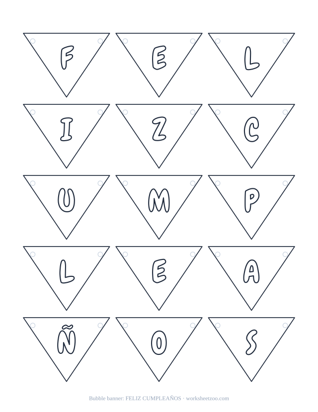 Pancarta de FELIZ CUMPLEAÑOS en letras burbuja, banderines para colorear, recortar y colgar