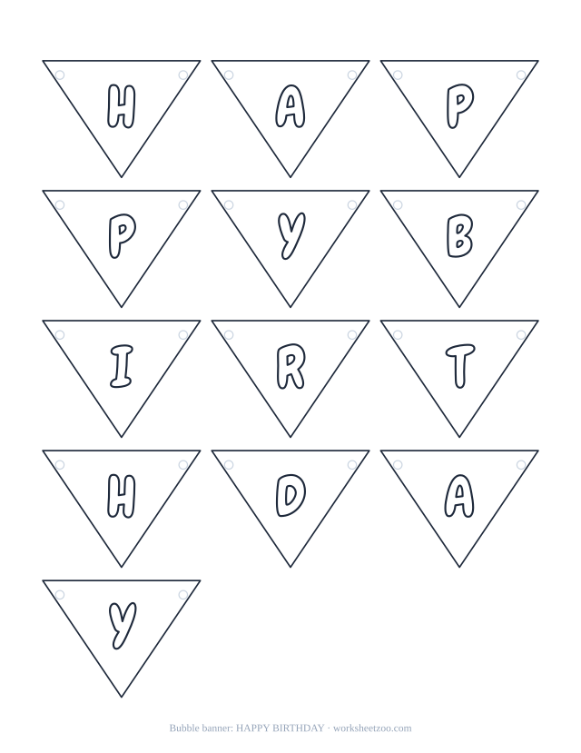 Printable happy birthday bubble letter banner, pennants to colour, cut out and hang