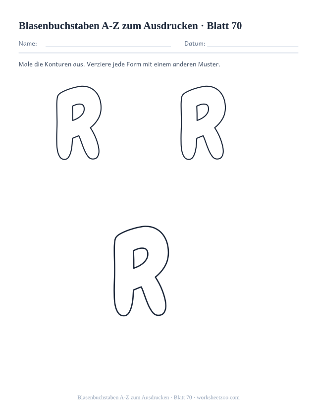 Vorschau: Blasenbuchstaben A-Z zum Ausdrucken, druckbares Arbeitsblatt 70