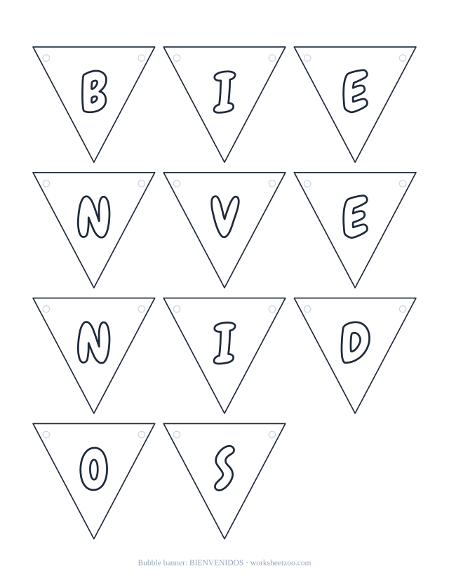 Pancarta de BIENVENIDOS en letras burbuja, banderines para recortar, colorear y colgar