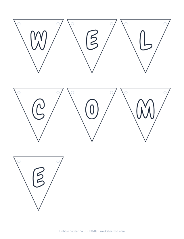 Printable bubble letter welcome banner, WELCOME on cut-out pennants to colour and hang