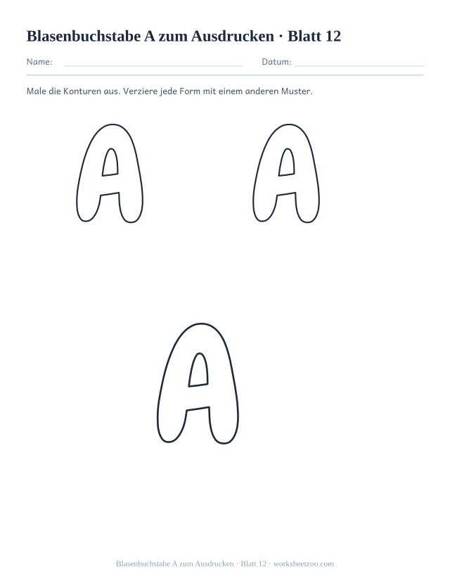 Vorschau: Blasenbuchstabe A zum Ausdrucken, druckbares Arbeitsblatt 12