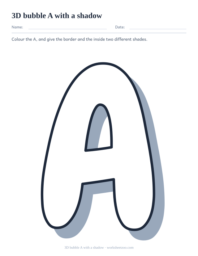 Printable 3D bubble letter A, a white A outline over a solid grey drop shadow
