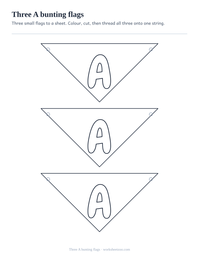 Printable A bunting sheet, three small bubble letter A pennants to cut out and string up