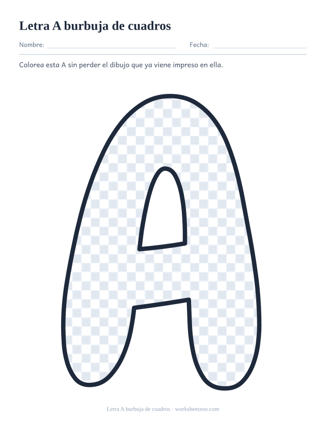 Letra A burbuja de cuadros para imprimir, un contorno relleno de un tablero de casillas