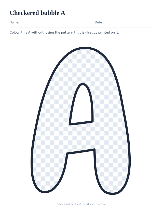 Printable checkered bubble letter A, a A outline filled with a chequerboard of squares