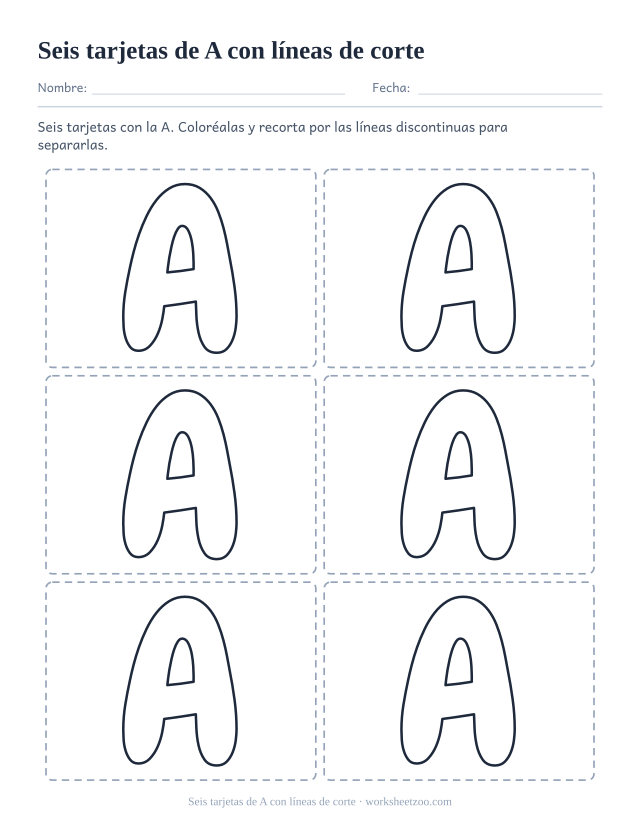 Tarjetas imprimibles de la letra A, seis recuadros de letra burbuja con líneas de corte discontinuas