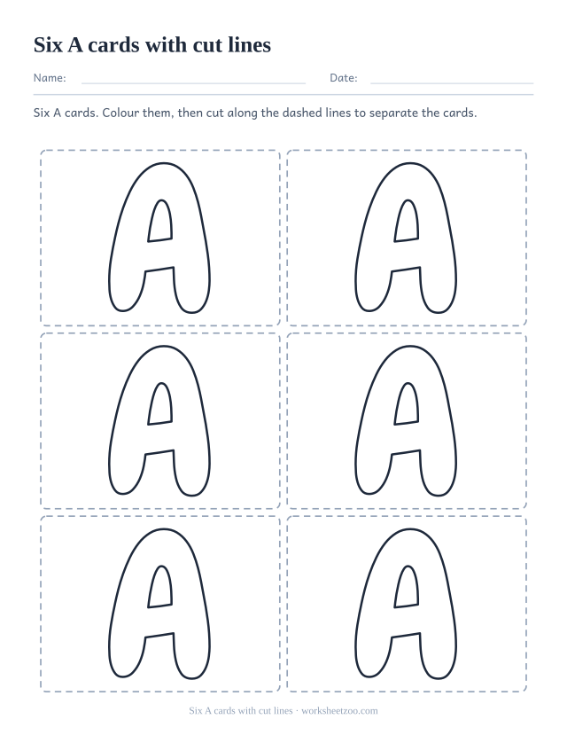 Printable A letter cards, six bubble letter A boxes marked with dashed cutting lines