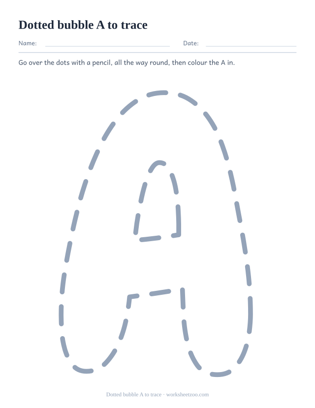 Dotted bubble letter A tracing worksheet, one large dashed A outline to draw over