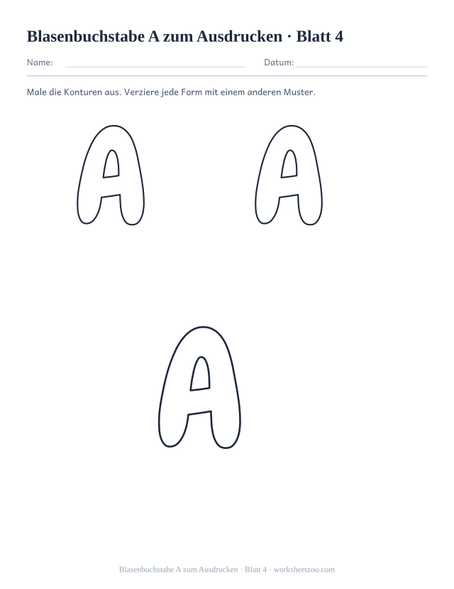 Vorschau: Blasenbuchstabe A zum Ausdrucken, druckbares Arbeitsblatt 4