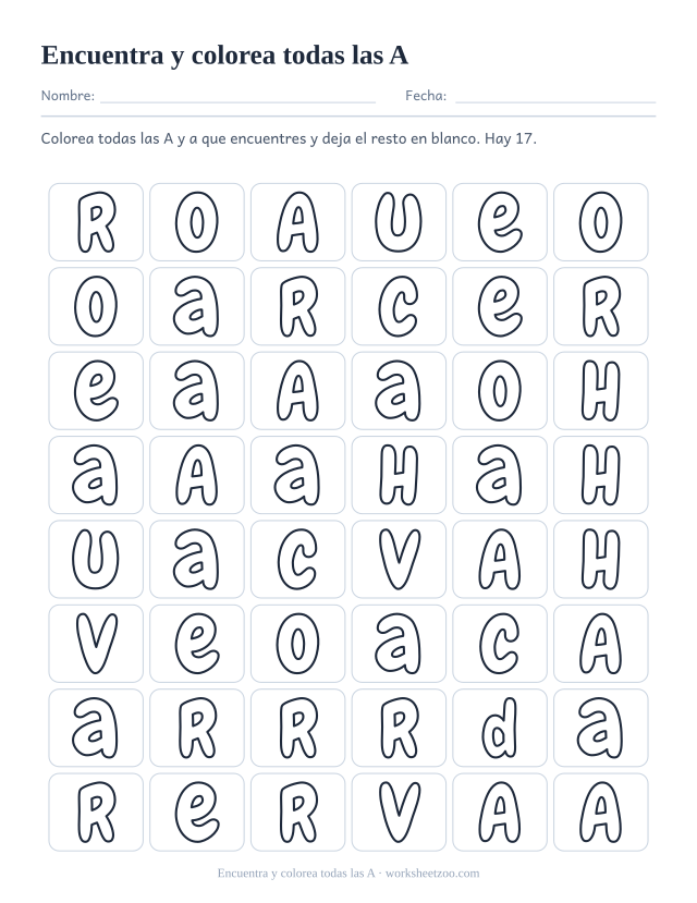 Ficha para encontrar la letra A, una cuadrícula de letras burbuja donde solo se colorean las A