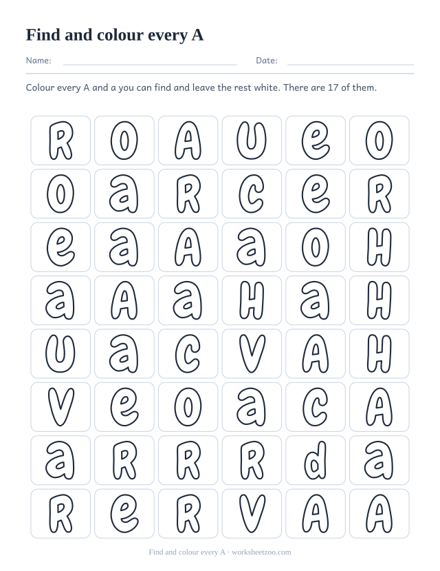 Find the letter A worksheet, a grid of bubble letters where only the A shapes are coloured in