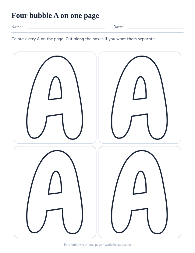 Printable sheet of four bubble letter A outlines in a two by two grid