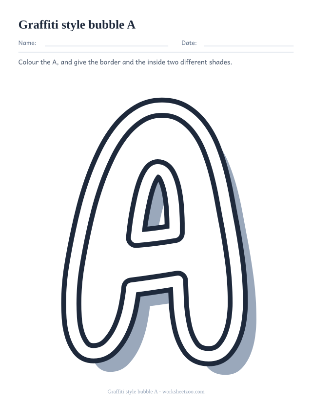 Printable graffiti bubble letter A, a chunky A with a split black border and a hard shadow
