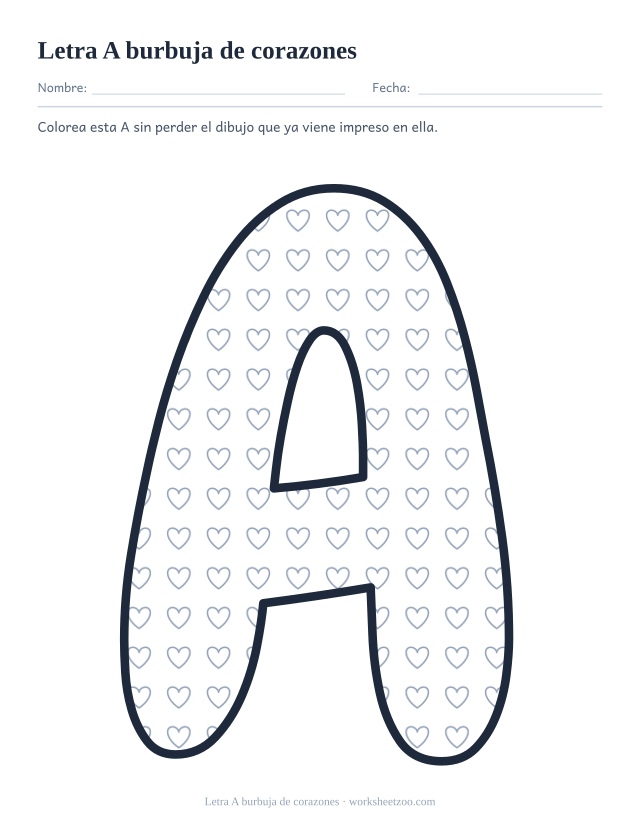 Letra A burbuja de corazones para imprimir, un contorno relleno de corazones pequeños