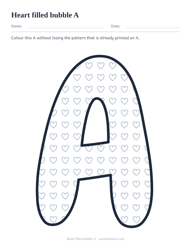 Printable heart pattern bubble letter A, a A outline filled with small hearts to colour
