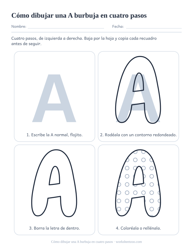 Cómo dibujar la letra A burbuja paso a paso, cuatro recuadros de la A normal a la A rellena