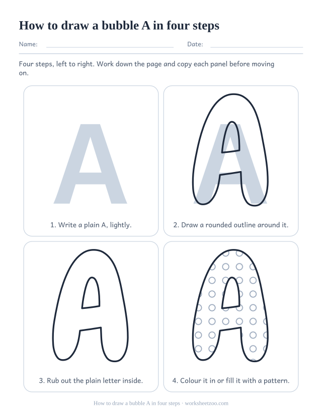 How to draw bubble letter A step by step, four panels from a plain A to a filled bubble A